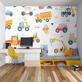 Construction vehicle wallpaper brings fun to a modern playroom with colorful trucks and machinery