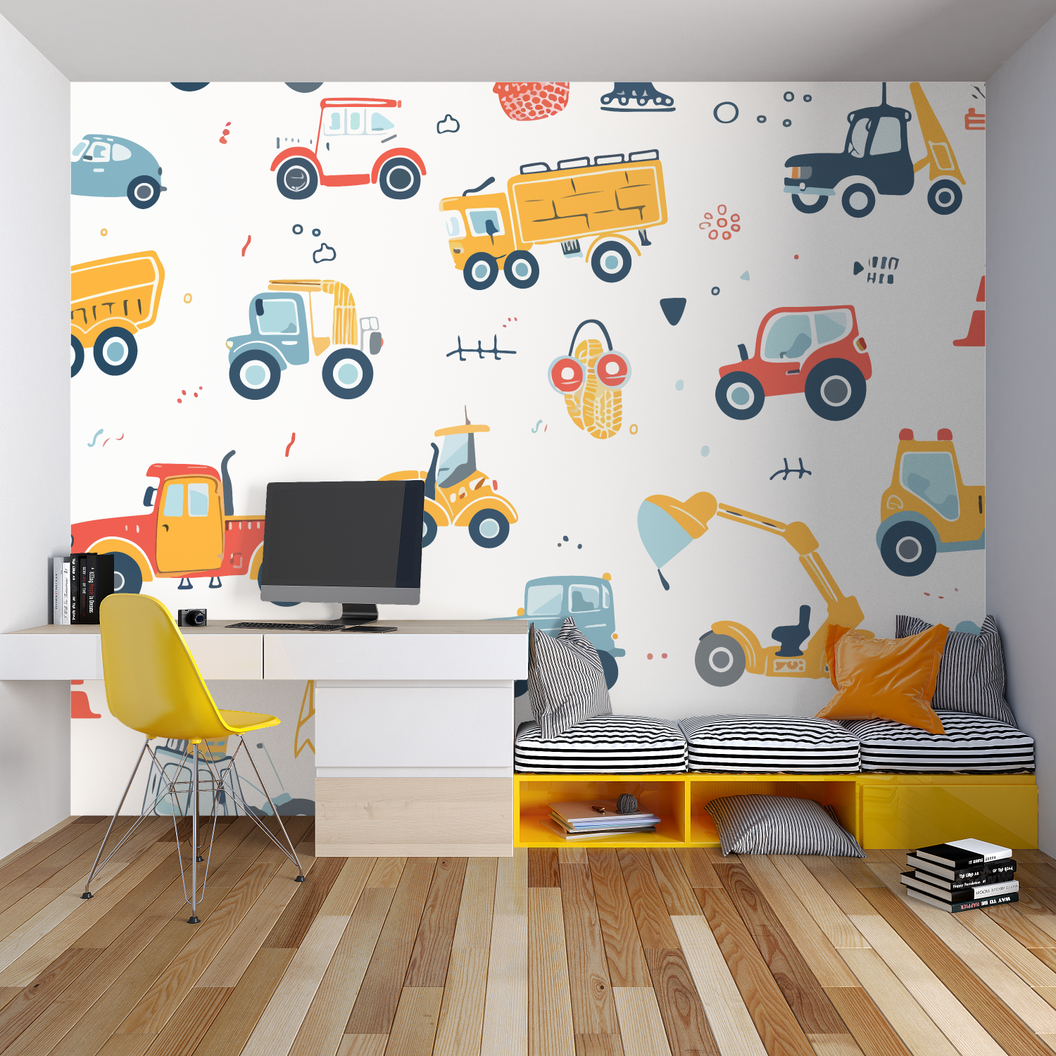 Construction vehicle wallpaper brings fun to a modern playroom with colorful trucks and machinery
