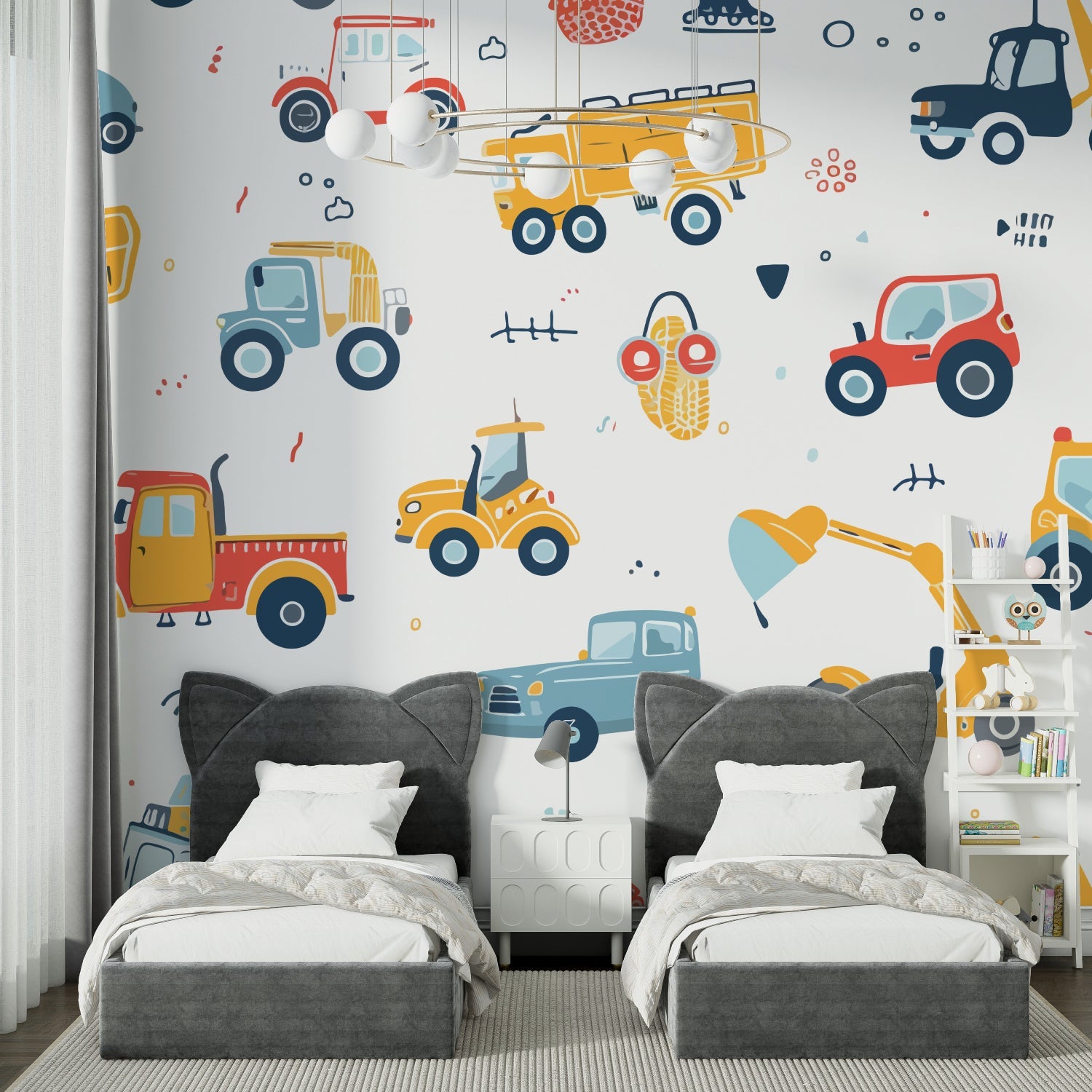 Construction themed wallpaper in a bright nursery showcasing playful vehicle patterns