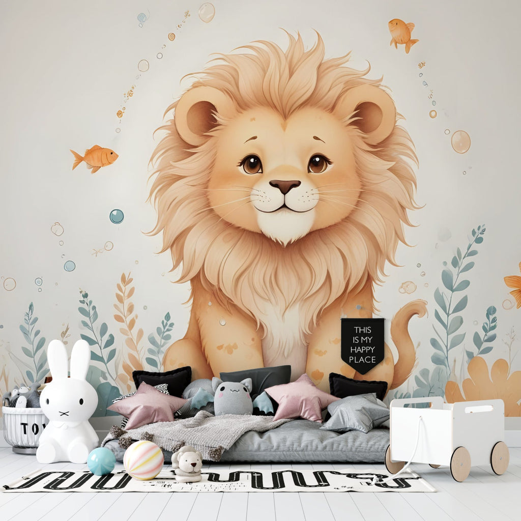Lion Kids Wallpaper in cozy playroom with reading nook and toys