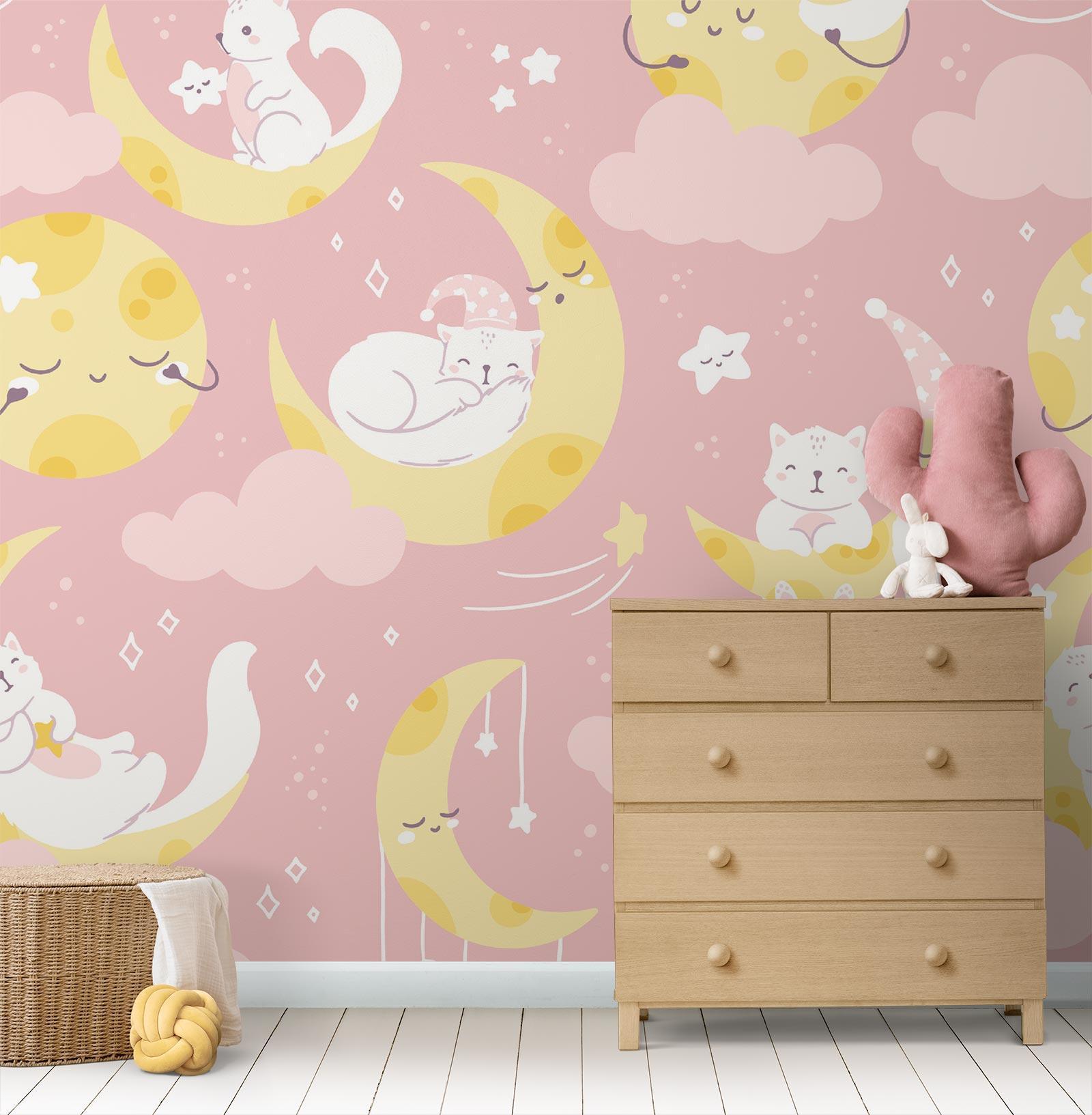 Kids bedroom featuring dreamy cat wallpaper with moons and stars, showing peaceful bedtime setting