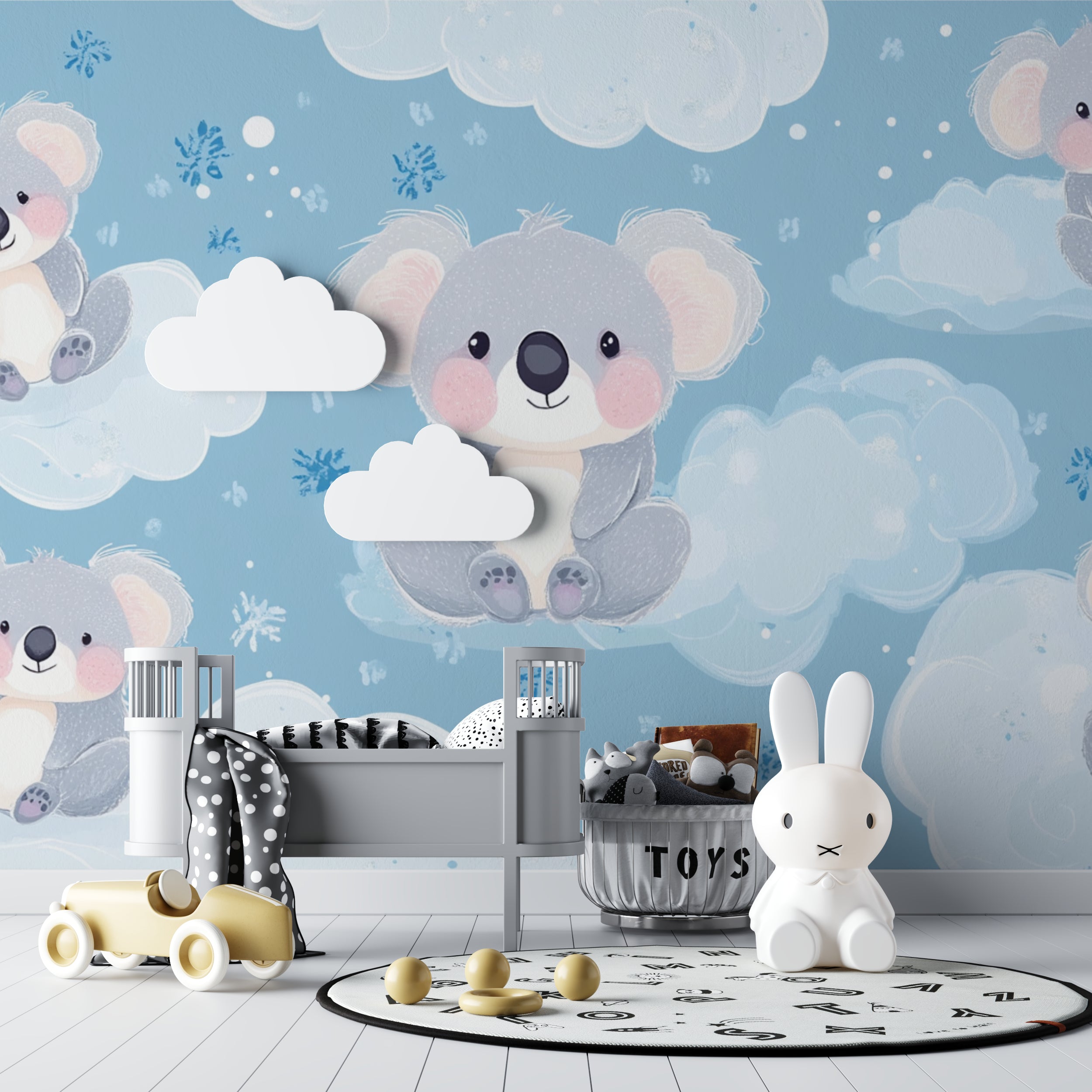Kids koala wallpaper in a play area showing scale and pattern repeat