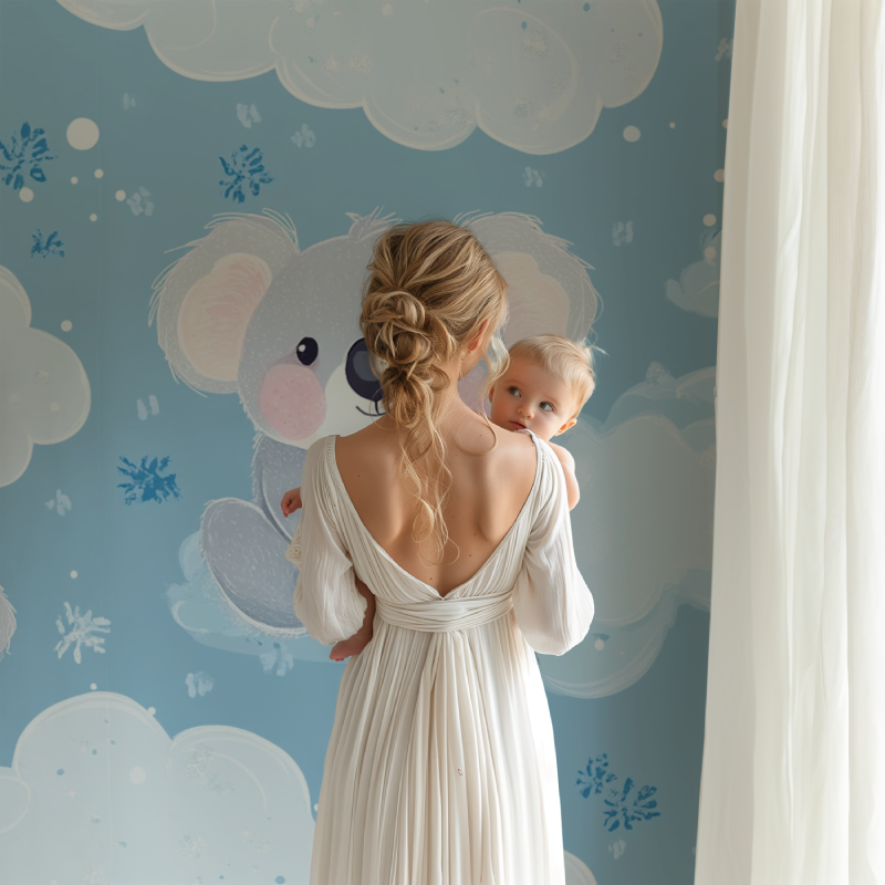 Dreamy koala wallpaper installed in a modern children's bedroom with minimal decor