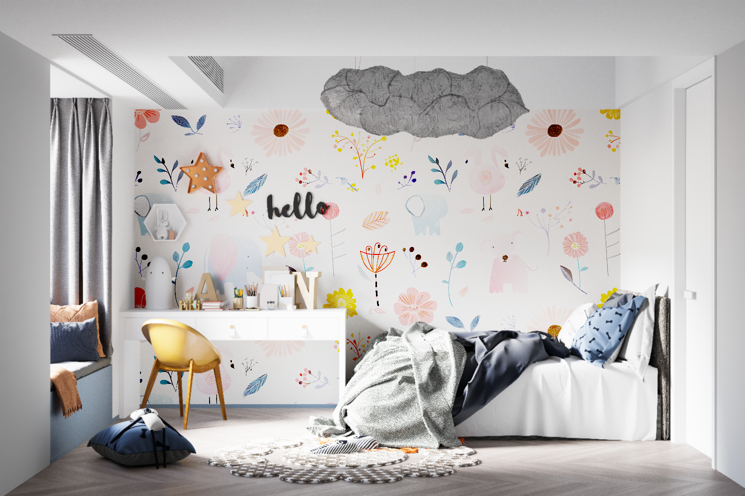 Pink flamingo wallpaper displayed in a peaceful nursery setting