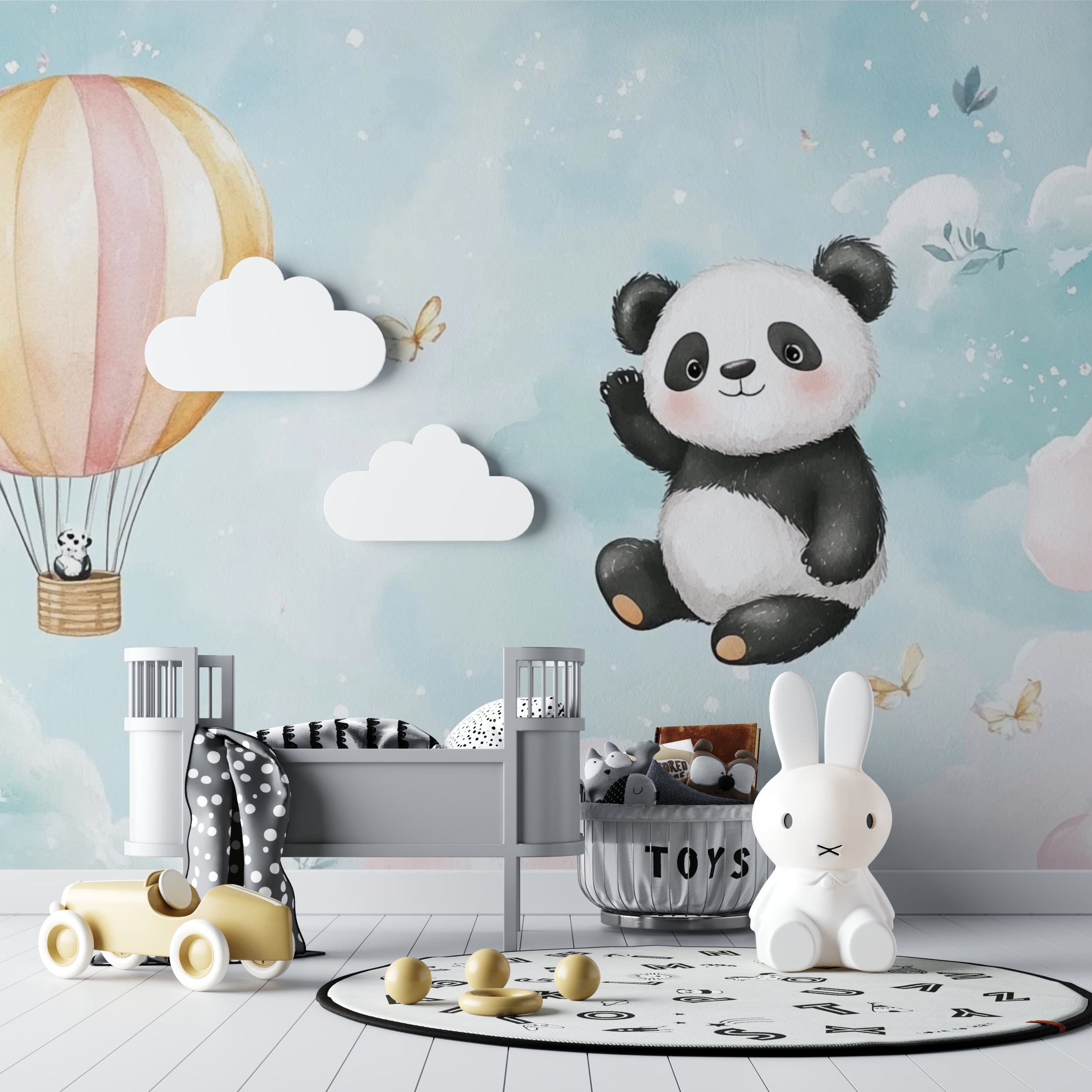 Panda hot air balloon wallpaper creates a magical atmosphere in a toddler's bedroom