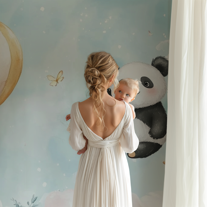 Kids room transformed with playful panda and balloon mural wallpaper
