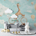 Sweet giraffe hot air balloon wallpaper creating magic in a modern nursery with mint accents