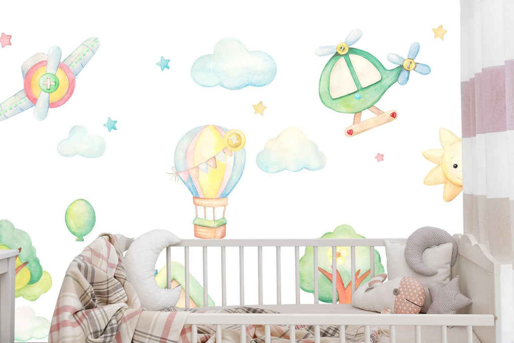 Aviation themed wall mural bringing charm to modern playroom with reading nook