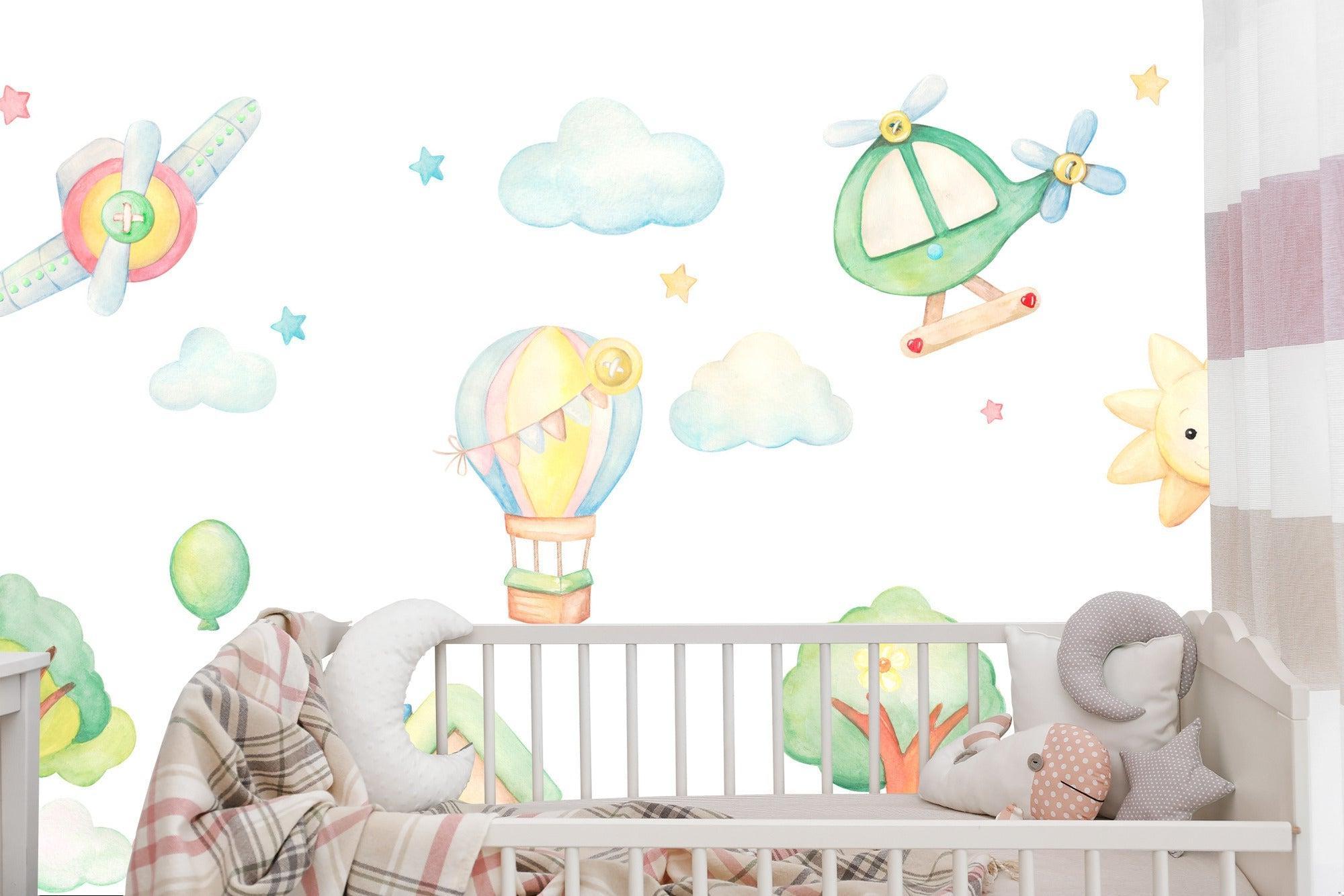 Aviation themed wall mural bringing charm to modern playroom with reading nook