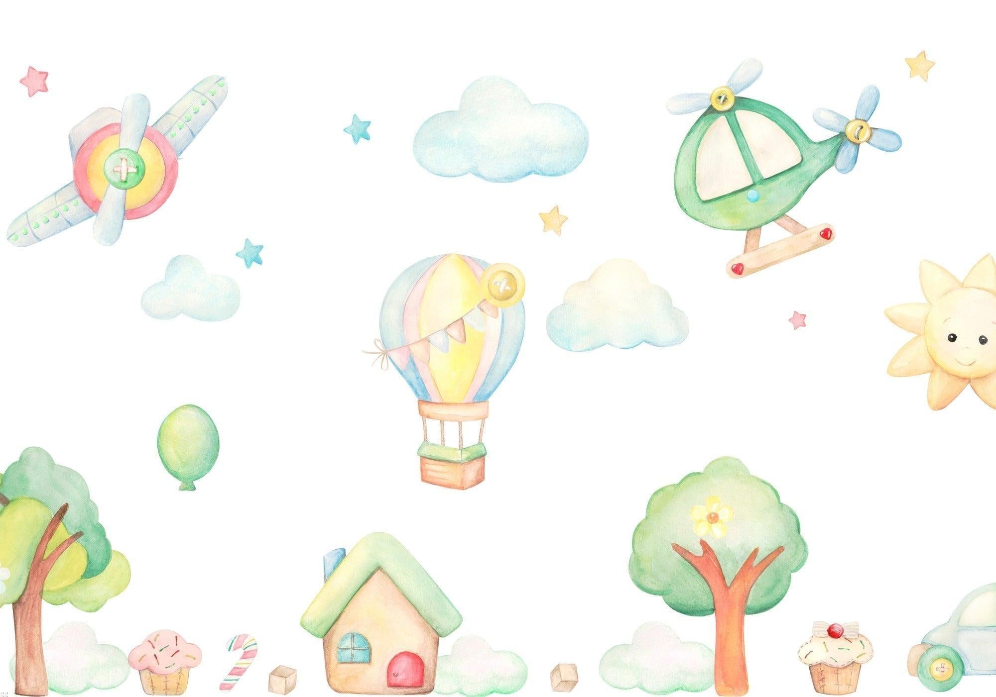 Hot air balloon and aircraft design file showing full pattern with soft pastel colors and whimsical elements