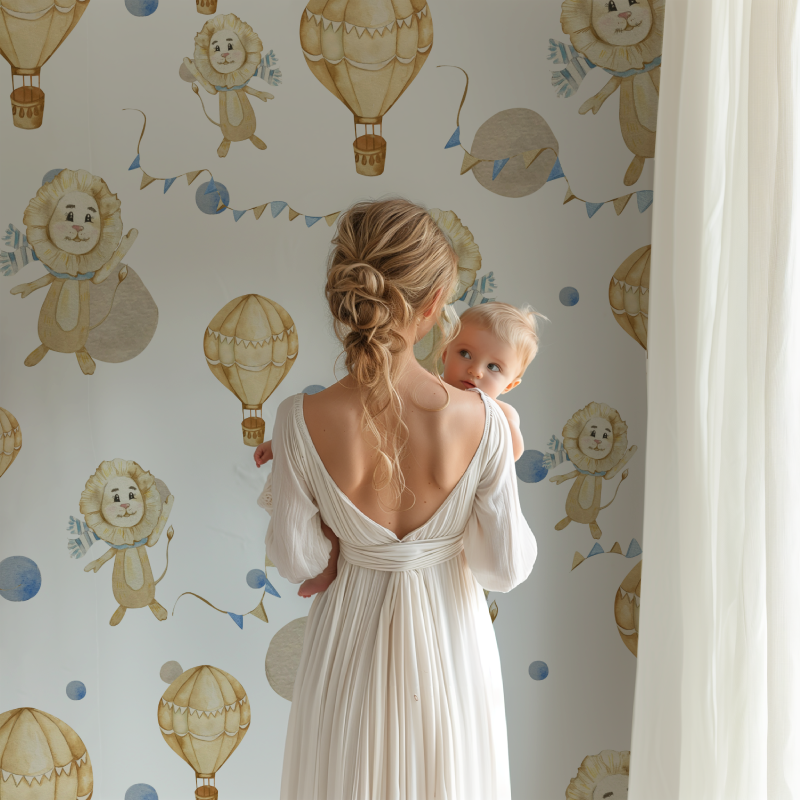 Hot air balloon pattern making a statement in a modern playroom