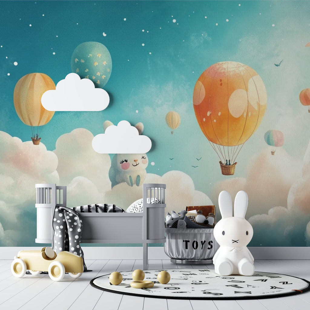 Playroom featuring balloon and bunny cloud mural wallpaper with reading nook