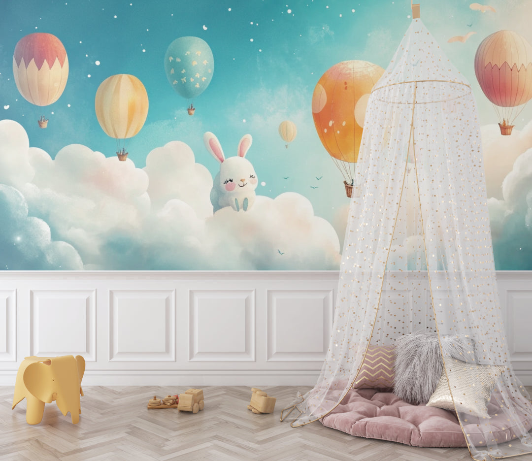 Kids bedroom with hot air balloon wall mural creating a dreamy atmosphere