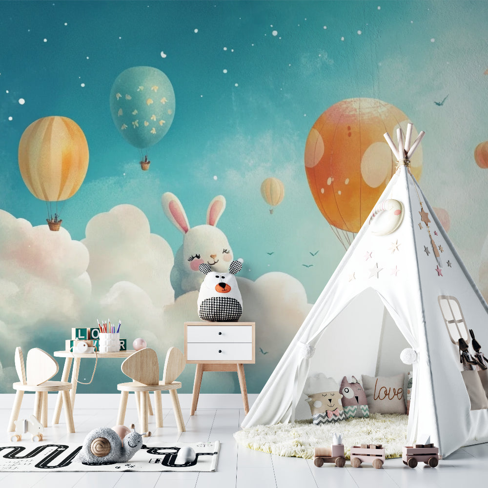 Toddler room showcasing bunny and balloon wallpaper with matching decor