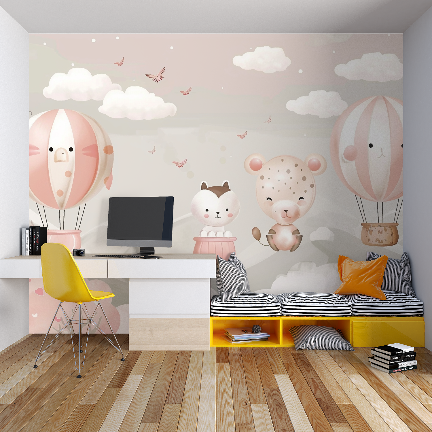 Children's bedroom featuring hot air balloon wallpaper mural with playful animals