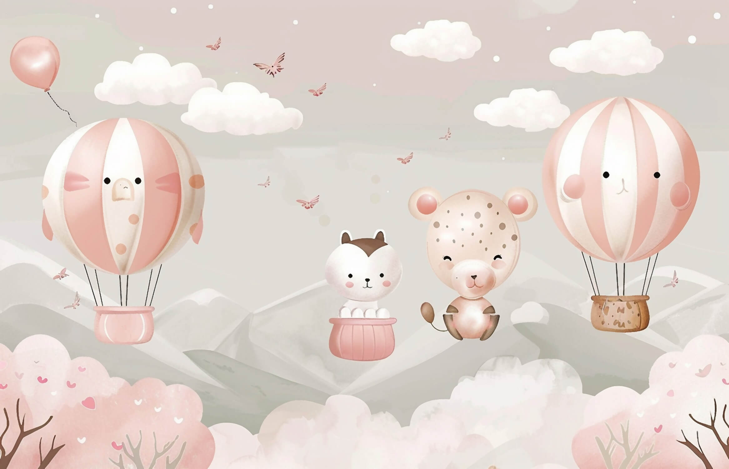 Hot air balloon and cute animals design file showing full pattern detail