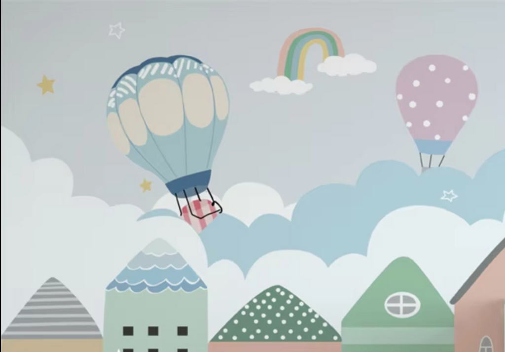 Hot air balloon and rainbow design file showing full pattern detail and soft pastel colors