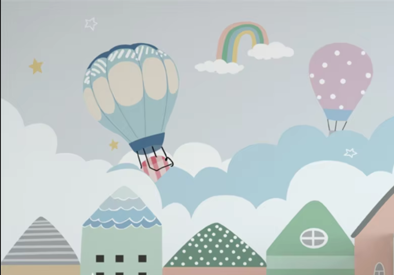 Hot air balloon and rainbow design file showing full pattern detail and soft pastel colors