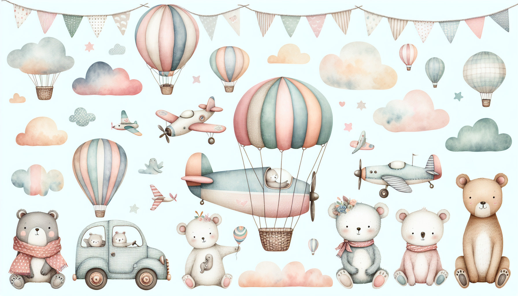 Hot air balloon and teddy bears design file featuring gentle pastel colors and playful pattern details
