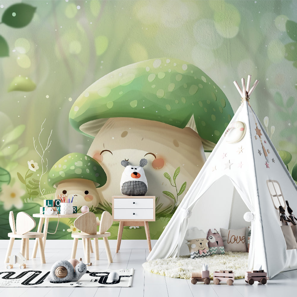 Magical Green Mushroom Forest wallpaper in a bright nursery, creating a sweet and nurturing atmosphere