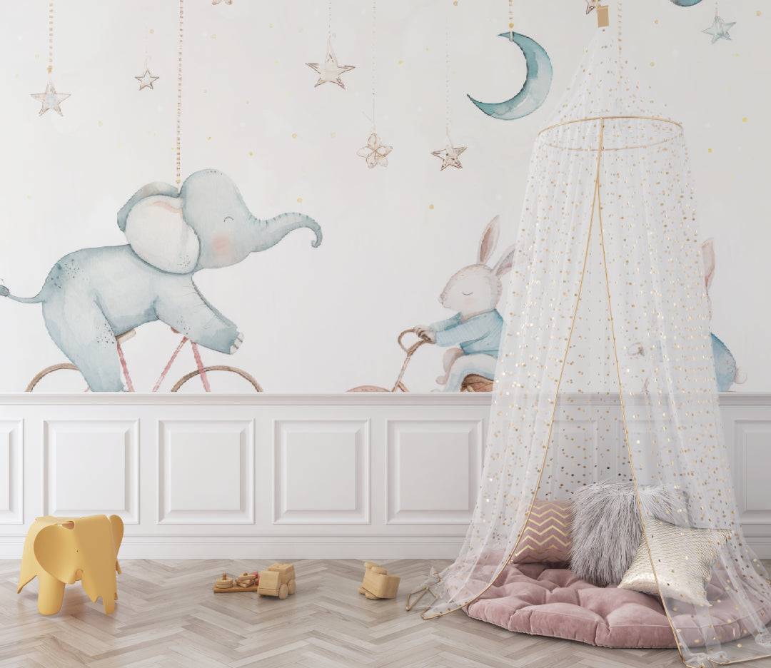 Circus animals wallpaper creating a cozy atmosphere in a modern nursery with white furniture