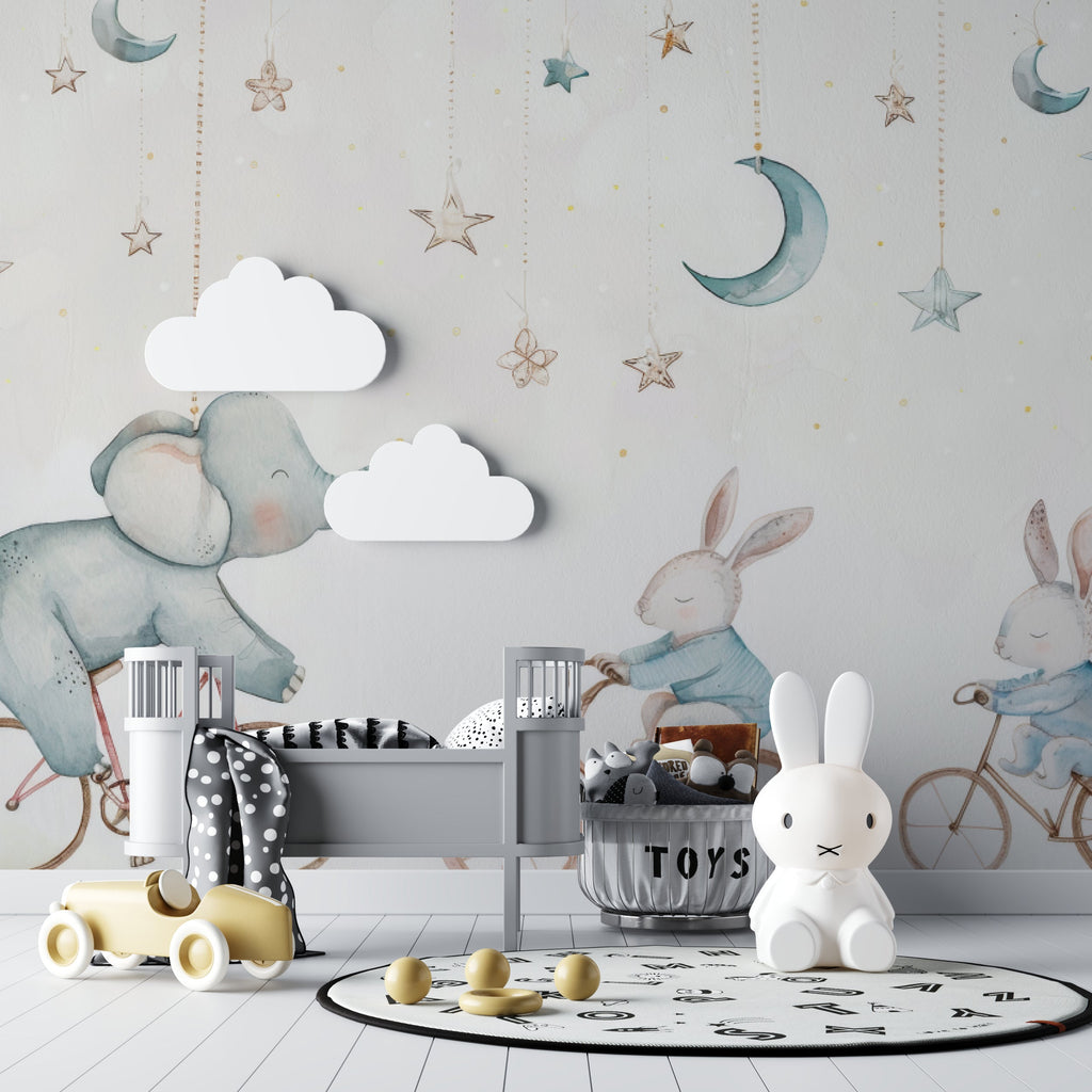 Night circus mural wallpaper brightening a toddler's bedroom with soft lighting