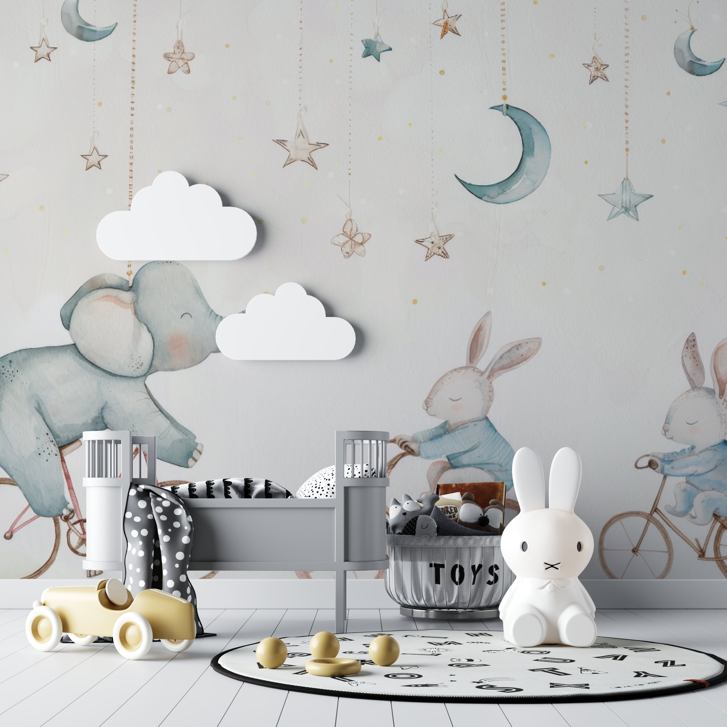 Night circus mural wallpaper brightening a toddler's bedroom with soft lighting