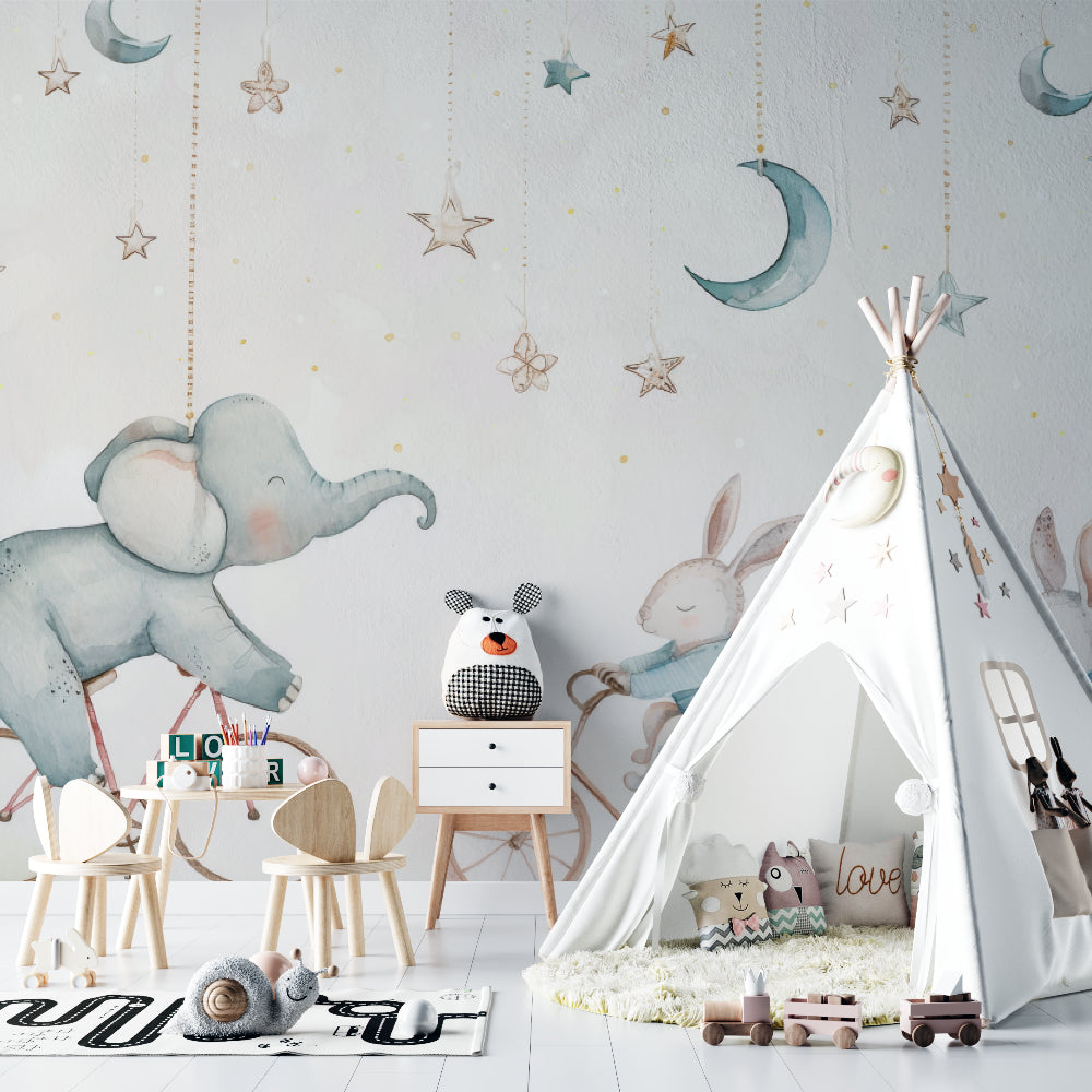 Kids wall mural with circus animals in a playroom setting with reading nook