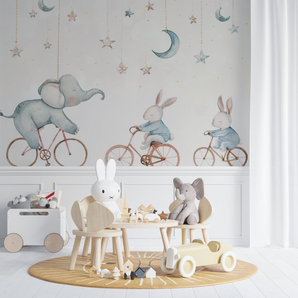 Elephant and bunny wallpaper in a gender-neutral nursery with natural decor