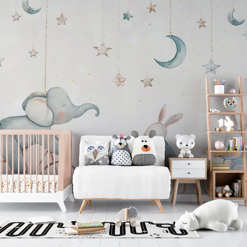 Night circus mural creating magic in a child's reading corner with soft cushions
