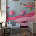 Pink car wallpaper in modern nursery with white furniture showing 3D depth effect