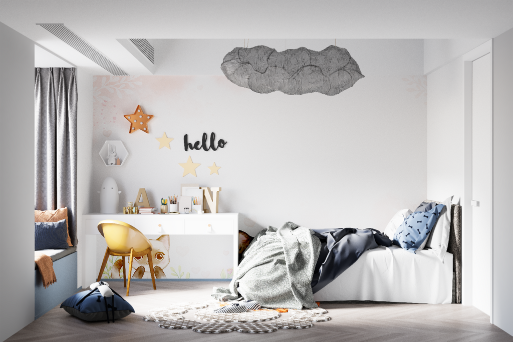 Children's pink heart wallpaper showcased in a bright daylit bedroom