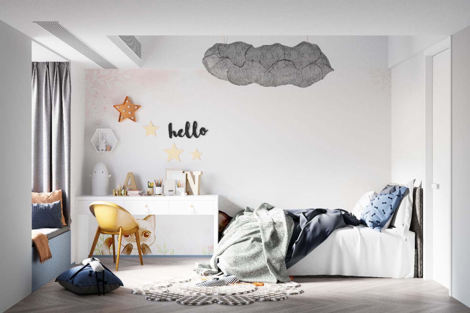 Children's pink heart wallpaper showcased in a bright daylit bedroom