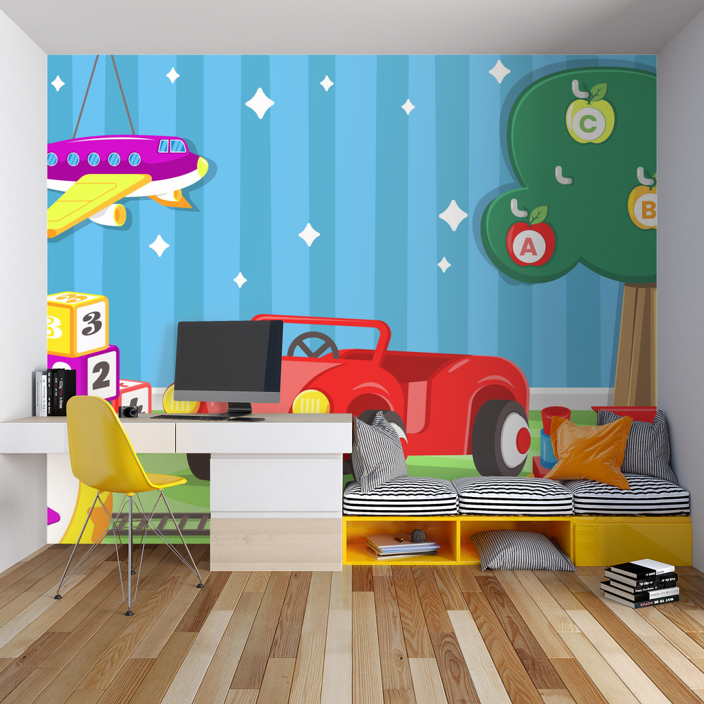 Educational kids wall mural displayed in a cozy bedroom showing alphabet and number elements