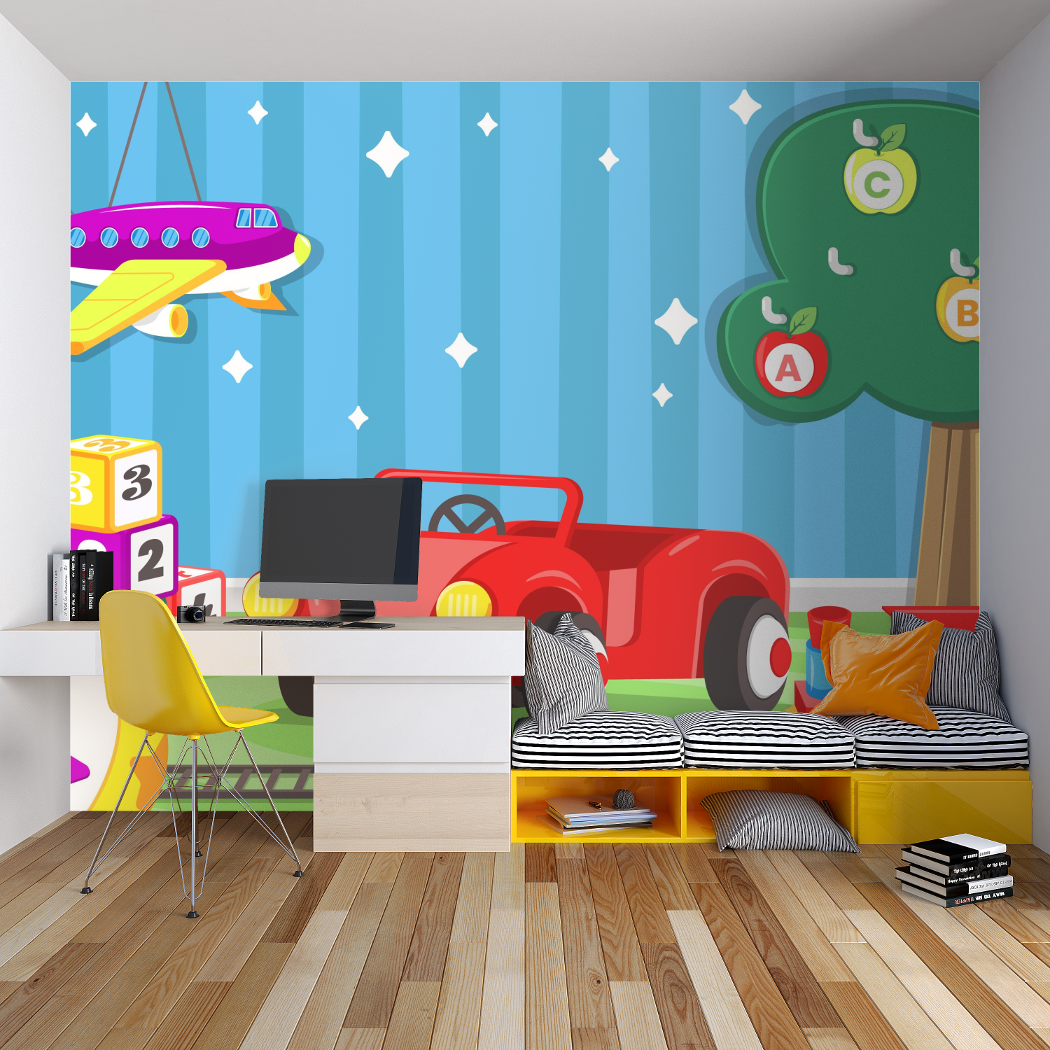 Educational kids wall mural displayed in a cozy bedroom showing alphabet and number elements