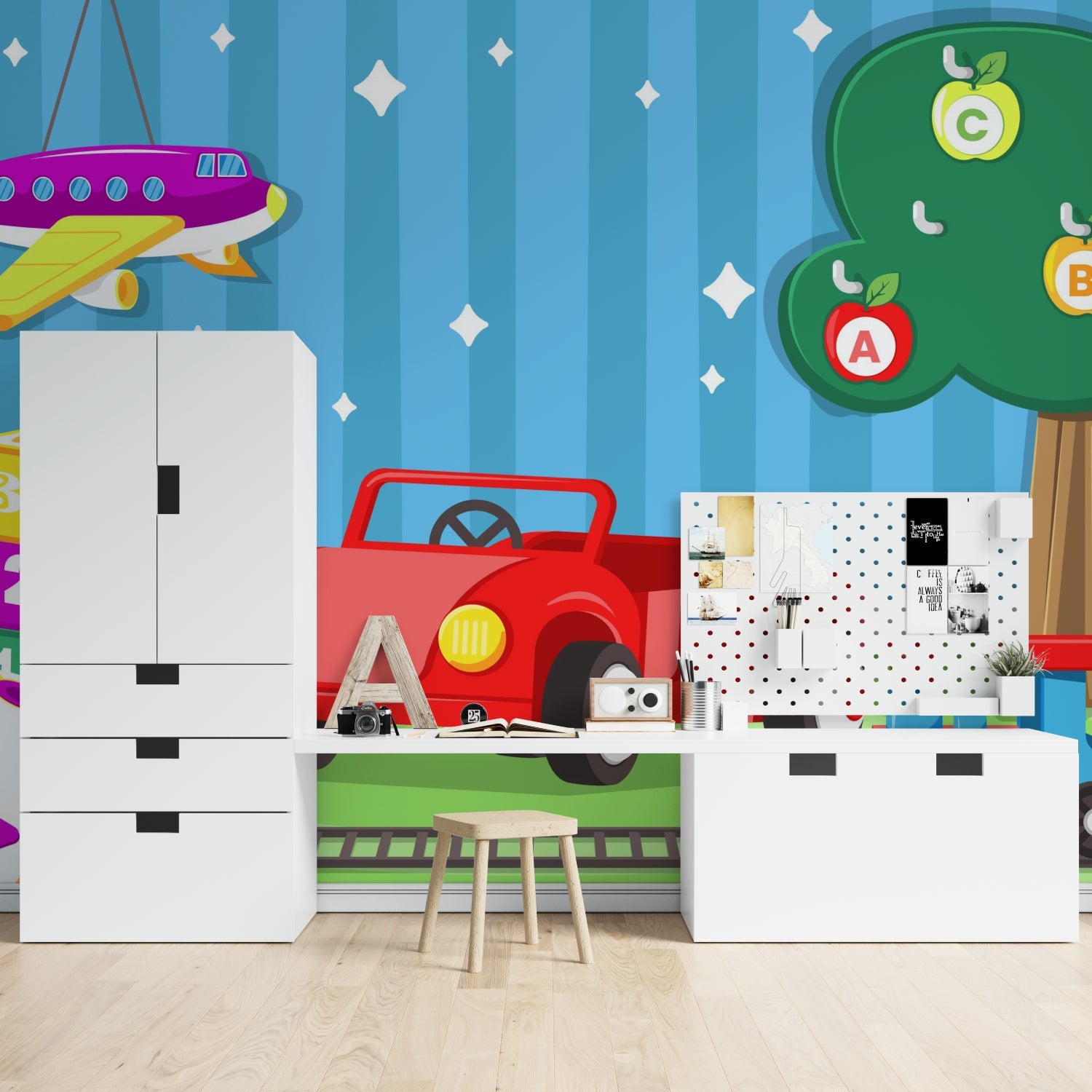 Car and airplane wallpaper brightening up a nursery with its playful design