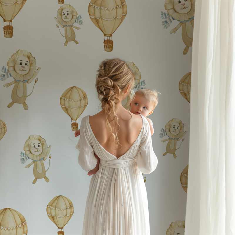 Nursery featuring lion wallpaper with floating hot air balloons in soft beige tones
