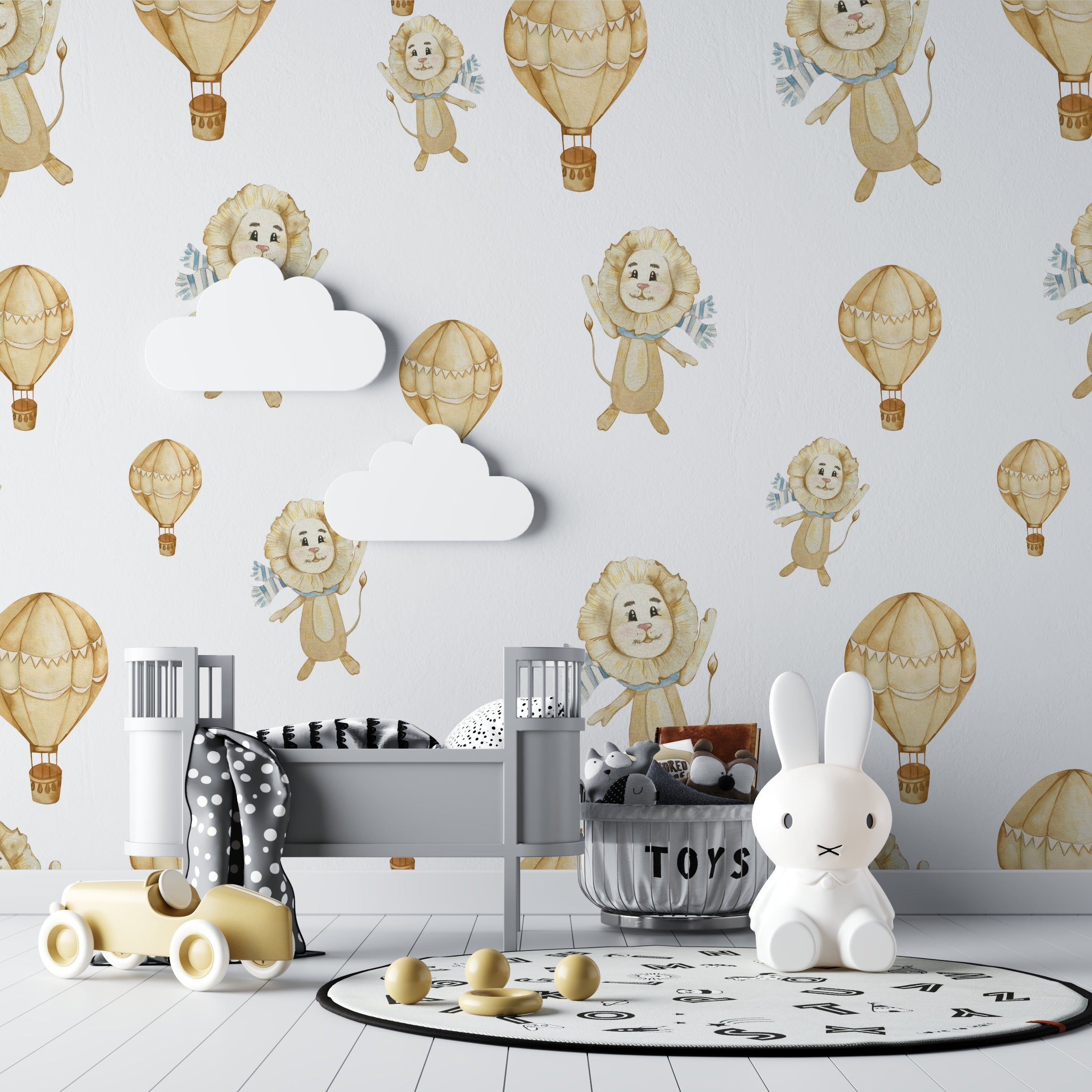 Kids bedroom accent wall with lion and hot air balloon mural in natural light