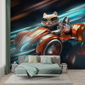 Racing cat wallpaper brings fun to modern kids bedroom with blue and orange accents
