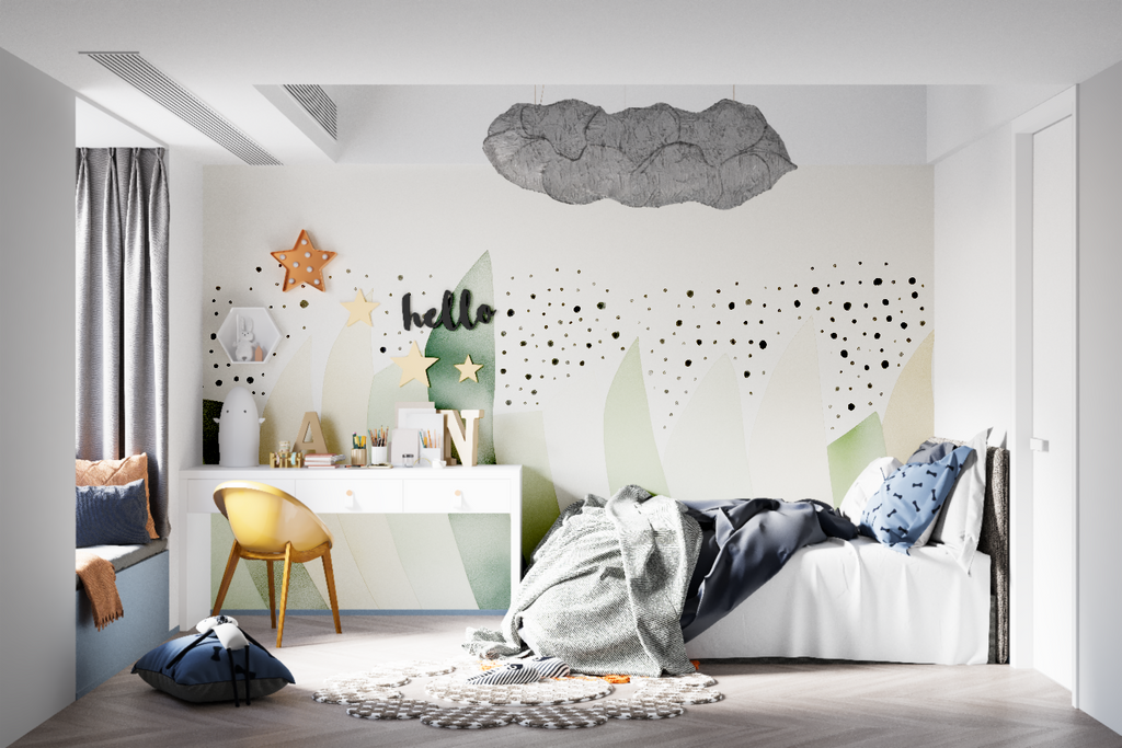 Playroom showcasing sage green dot pattern wallpaper with wooden toys and reading nook