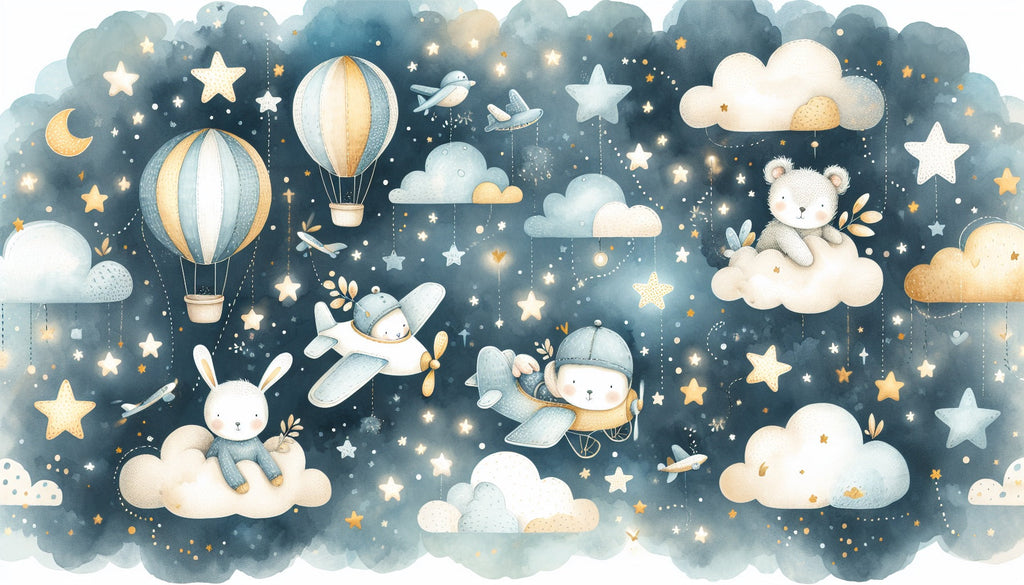 Kids wallpaper design file showing sweet animals in hot air balloons under a starry night sky