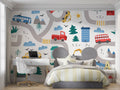 Transportation wallpaper bringing life to a modern kids bedroom, featuring colorful vehicles and city scenes