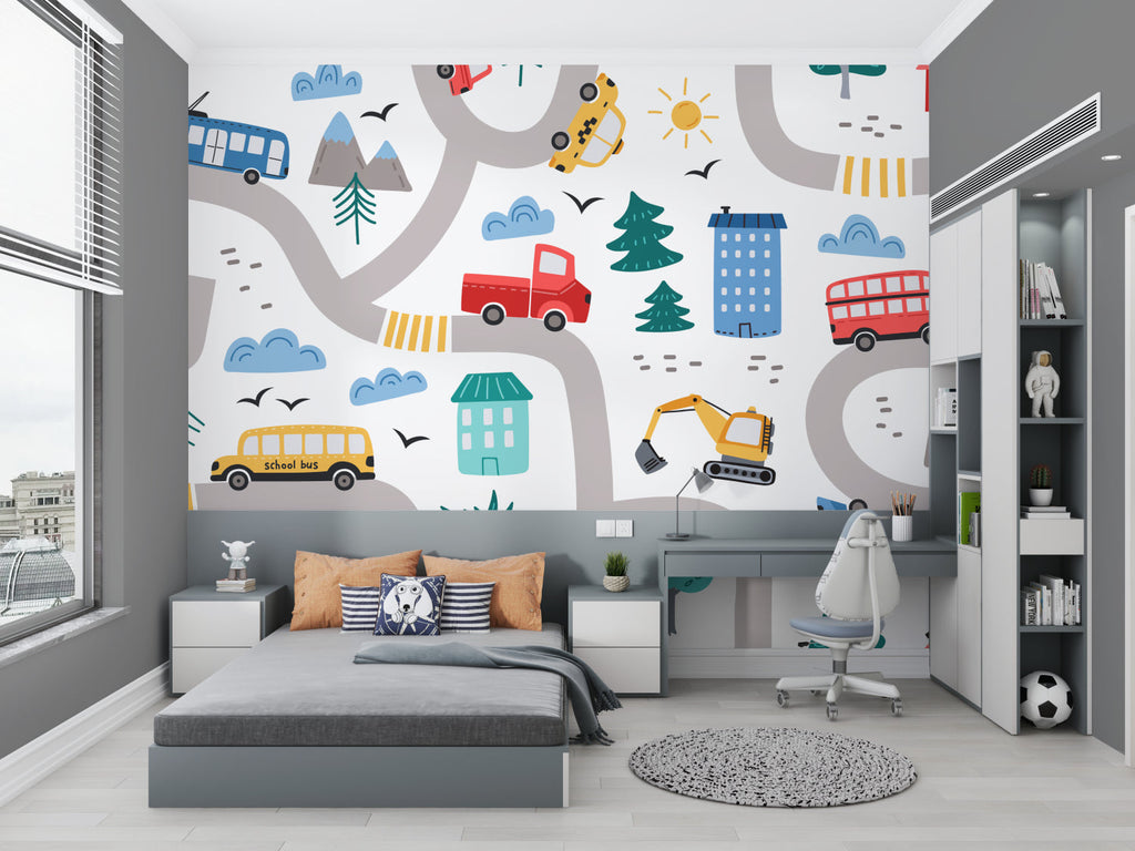 Playful transportation mural in a bright playroom showing buses and trams against white walls