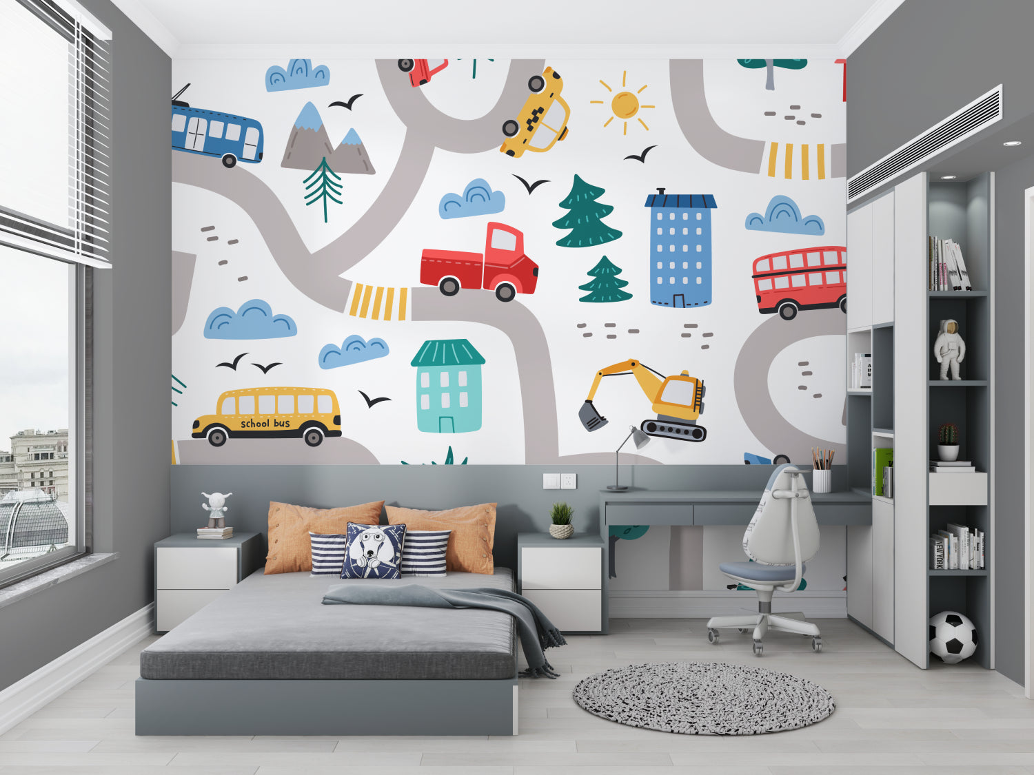 Playful transportation mural in a bright playroom showing buses and trams against white walls