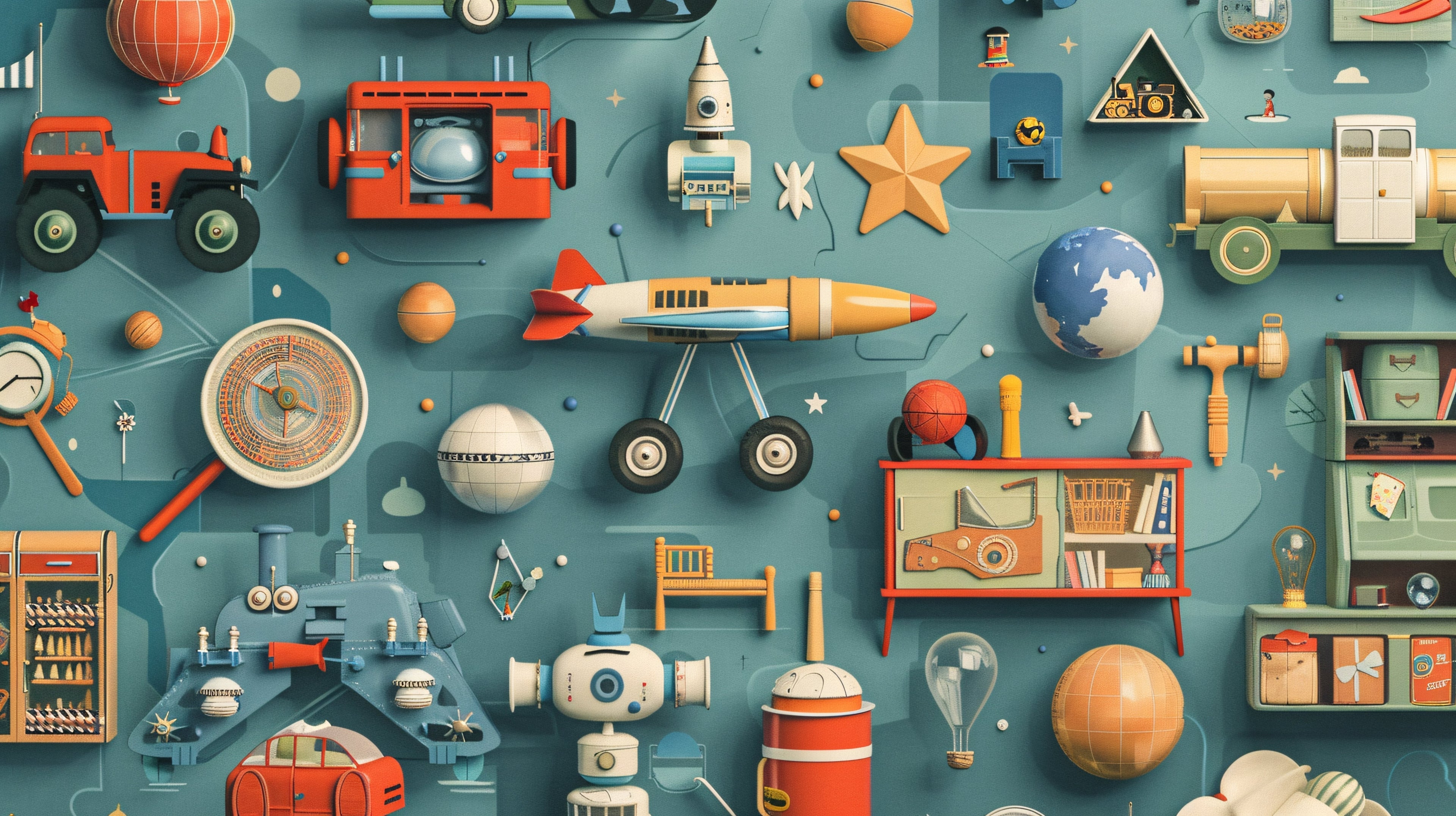 Design file showing detailed vintage toys and space elements pattern