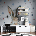 Watercolor Bunny Wallpaper in cozy nursery with white furniture and soft lighting