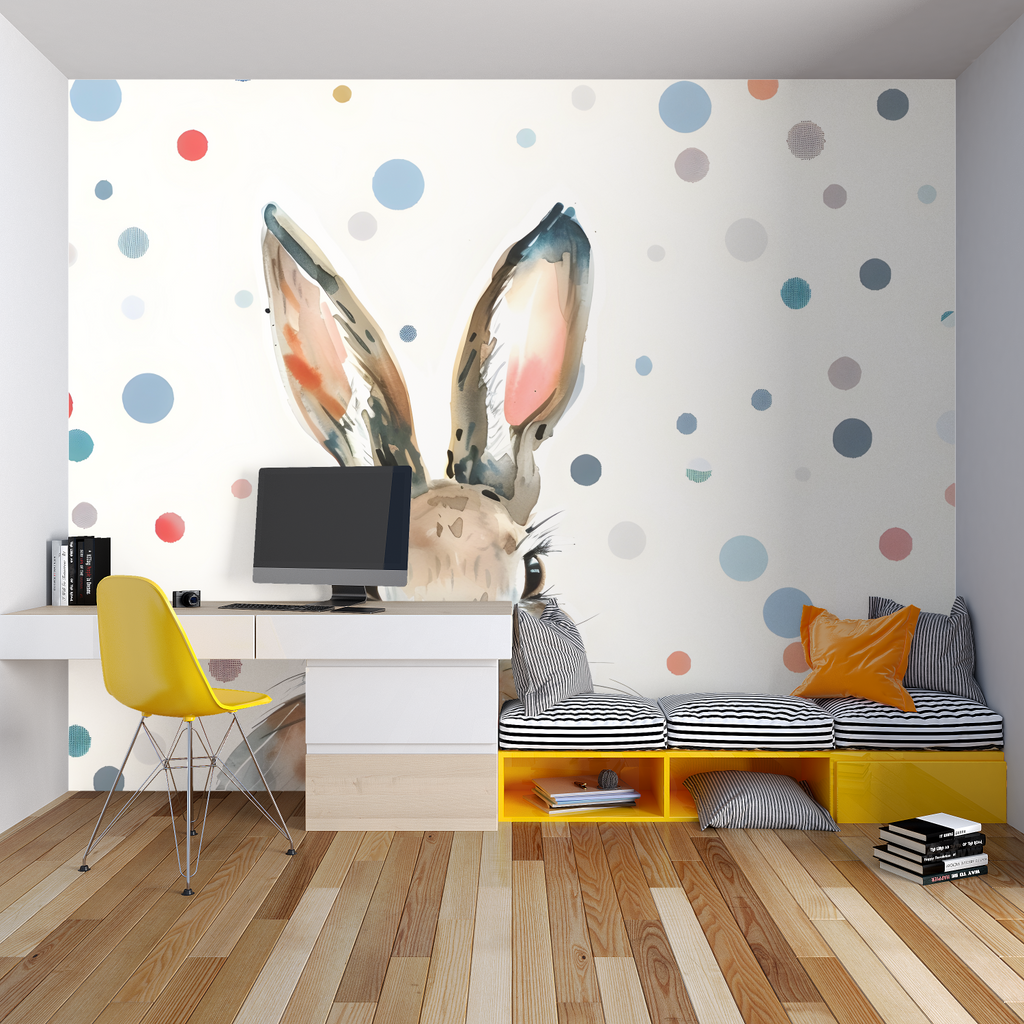 Bunny Wallpaper showing scale in bright kids bedroom