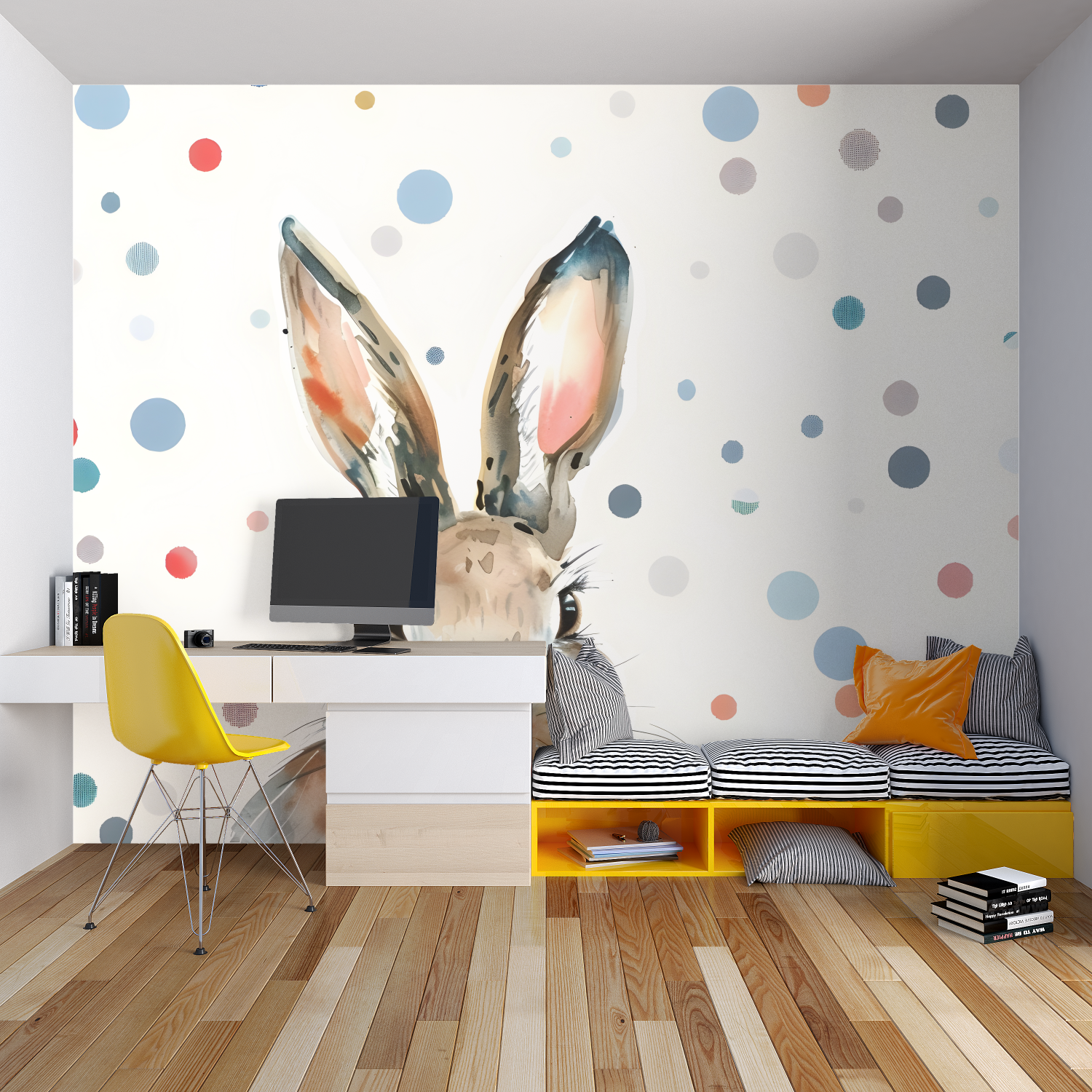 Bunny Wallpaper showing scale in bright kids bedroom