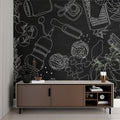 Kitchen Line Art Wallpaper displayed in modern white kitchen, showing flowing design of culinary sketches