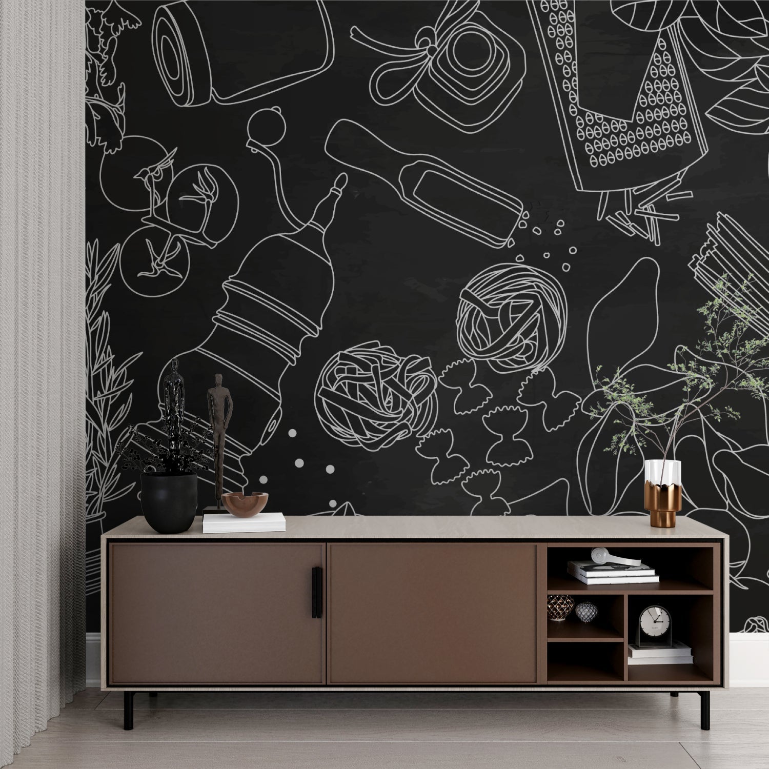 Kitchen Line Art Wallpaper displayed in modern white kitchen, showing flowing design of culinary sketches
